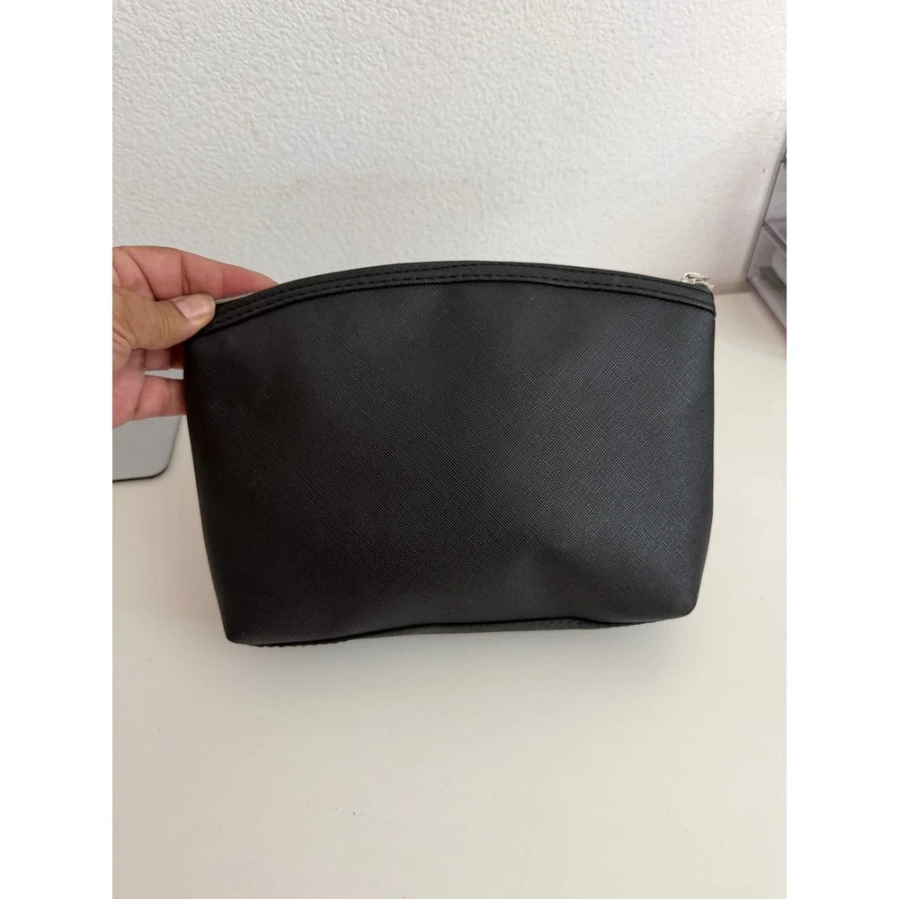 Bebe Black Saffiano Rhinestone Logo Makeup Bag Cosmetic Pouch Zip Top Organizer